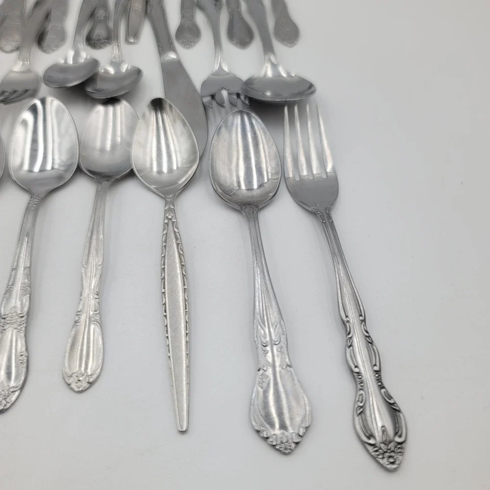45pc Mixed Flatware Lot Ornate Floral Stainless Steel Silverware Forks Spoons